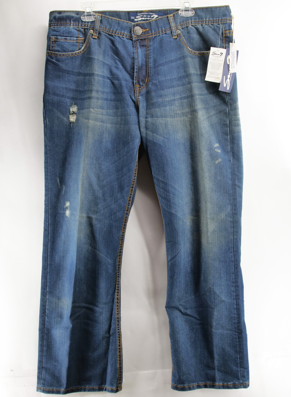 NWT Seven7 Mens Jeans 38x32 Straight Leg Distressed Ripped Blue Denim Stone Wash